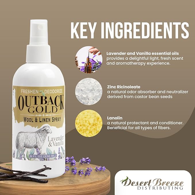 Outback Gold - Linen Spray & Fabric Freshener Spray, Natural Bed Spray for Wool & Linen, Lavender & Vanilla Scent, Essential Oils, Eco-Friendly Deodorizer for Home Fabrics, 8 Fl Oz