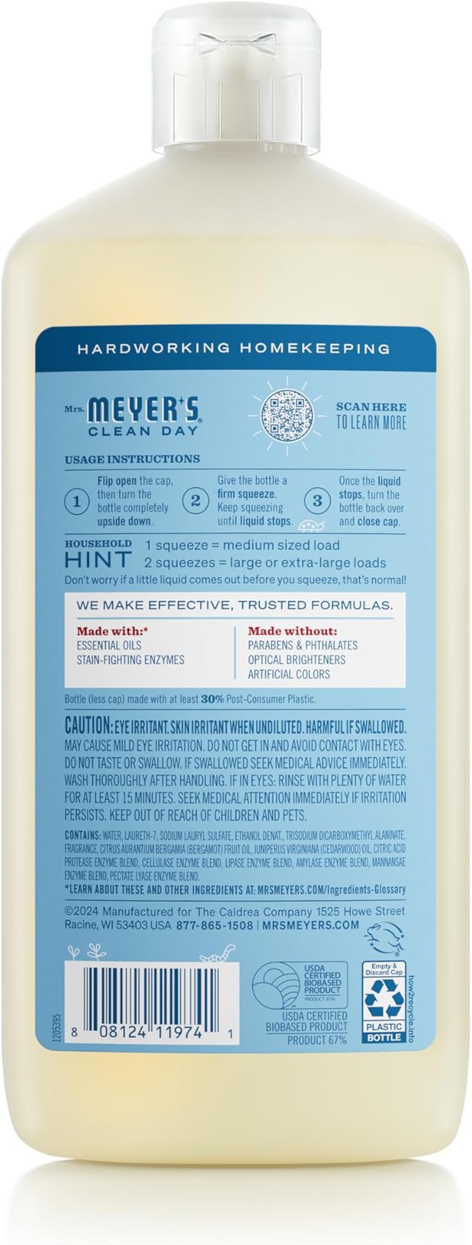 MRS. MEYER'S CLEAN DAY Ultra Concentrated Laundry Detergent,Rain Water Scent,24.3 fl oz,(Pack of 2)