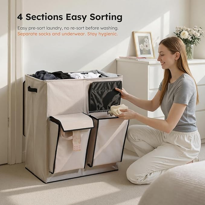 SOLEDI Double Laundry Hamper with Lid, 47.8 Gal (180L) Large Laundr Basket 2 Section with 2 Side Pockets, Dirty Clothes Hamper with Removable Bag, Easy to Carry for Laundry Room, Bedroom, Light taupe
