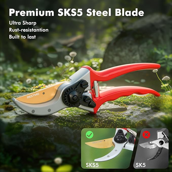 RESTMO 8.6" Professional Pruning Shears, Premium Titanium SKS5 Steel Blade, Forged Aluminum Handles for Durability & Long-Lasting Sharpness, Bypass Pruners for Gardening, Clippers & Scissor Tool