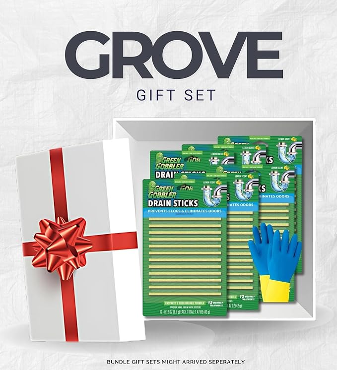 6x Green Gobbler Strip Drain Cleaner and Deodorizer 1.47 oz Bundle with Cleaning Gloves – Drain Smell Eliminator & Breaks Down Matter in Drains – Easy-to-Use Deodorizing Strips – Gift Set (7 Items)
