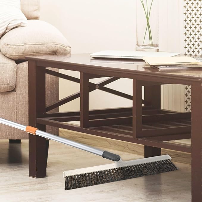 Horse Hair Upright Dust Broom – 18" Swivel Kitchen Sweeper with Soft Bristles for Dog Hair, Hardwood & Tile Floors – Telescopic Handle, Narrow Thin Design