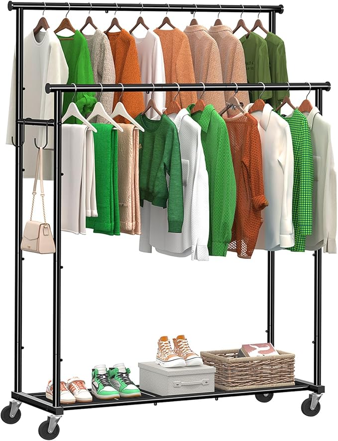Ekisemio Double Rods Clothes Rack with Wheels Load 400 LBS, 45 Inch Rolling Clothing Rack for Hanging Clothes, Heavy Duty Garment Rack with Shelves, Metal Portable Closet, Black