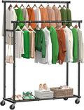 Ekisemio Double Rods Clothes Rack with Wheels Load 400 LBS, 45 Inch Rolling Clothing Rack for Hanging Clothes, Heavy Duty Garment Rack with Shelves, Metal Portable Closet, Black