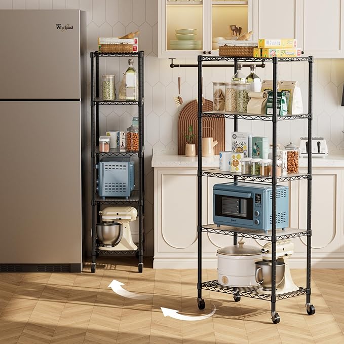 Golpart 5 Tier Shelves Storage Shelf Wire Closet Bathroom Organizers Metal Pantry Kitchen Garage Shelving Unit Laundry Room Organization Home Rack Net Basket Black with Wheels 14”D X 24”W X 61”H