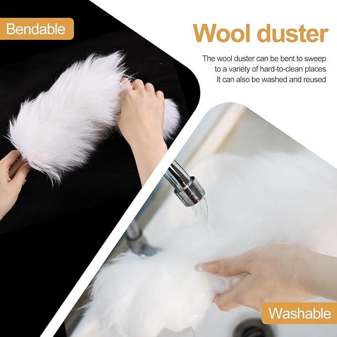 White Lambswool Extendable Duster, 32-98 Inch Bendable Wool Head with Anti-Static Properties and Stainless Steel Extension Pole for Ceiling Fans, High Walls, and Roof Dusting(one Pack)