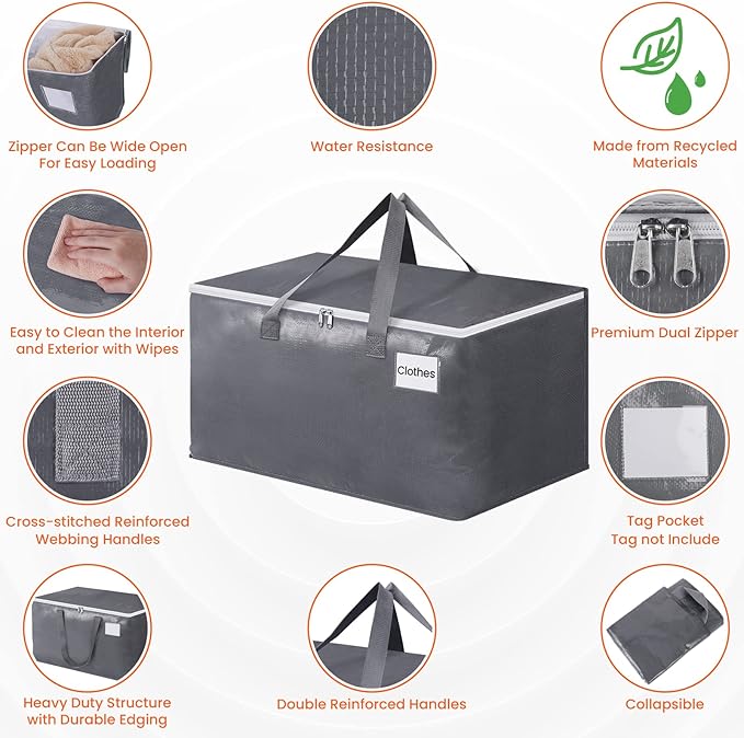 BlissTotes Large Moving Boxes and with Zippers & Handles Moving Supplies with lids, Heavy Duty Totes for Storage Bags for Space Saving, Fold Flat, Moving and Storing 93L, 8 Pack