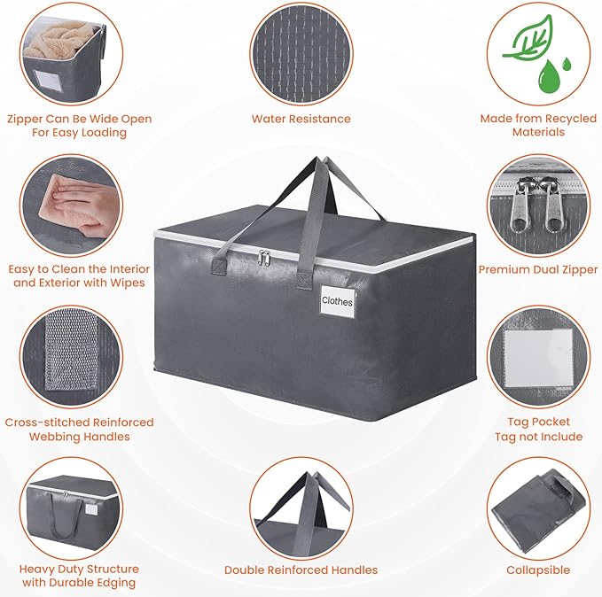 BlissTotes Large Moving Boxes and with Zippers & Handles Moving Supplies with lids, Heavy Duty Totes for Storage Bags for Space Saving, Fold Flat, Moving and Storing 76L, 10 Pack