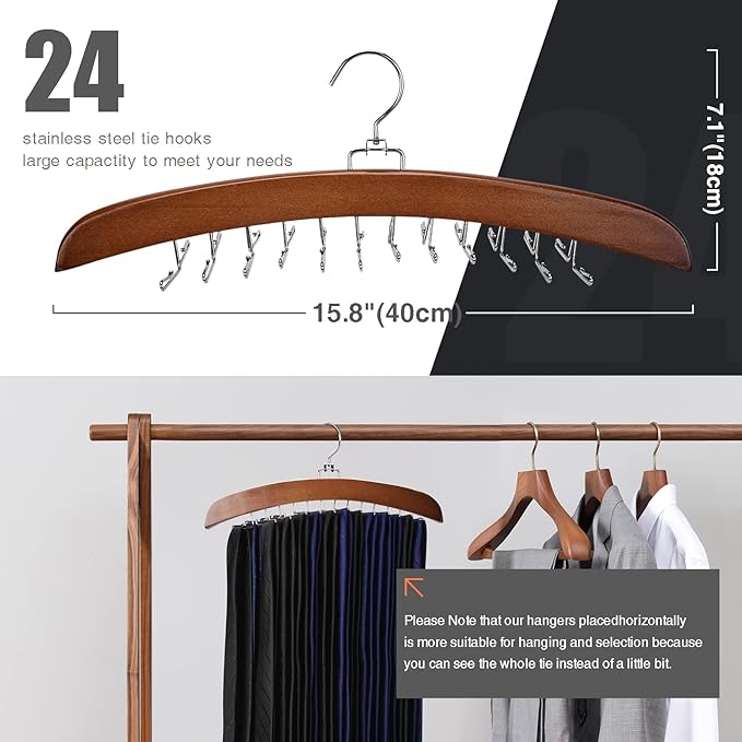 Tie Rack 2Pcs Tie Racks for Men Closet 24 Hooks, Wooden Tie Organizer with Upgraded 360°Rotating, Scarves Accessories Closet Organizer for Bras,Tank Tops,Camisoles etc.Walnut…