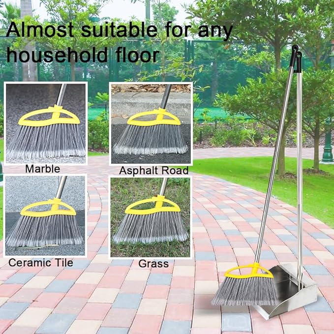 Stainless Steel Dustpan with Outdoor Stiff Bristles Broom,Long Handle Metal Dust Pan and Heavy Duty Broom for Home,Lobby,Office