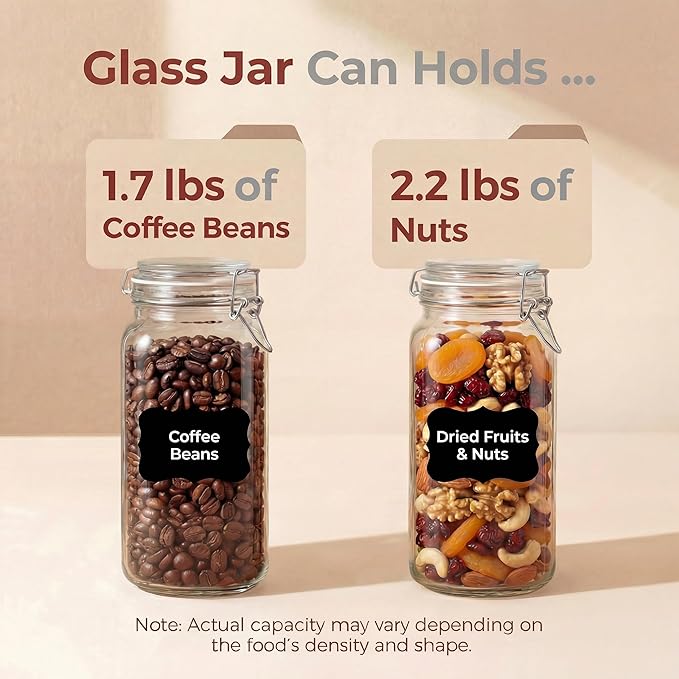 78oz - 3 Pack Square Glass Jars with Airtight Lid, Wide Mouth Mason Jars with Clamp Lids, Air Tight Glass Canisters, Best Food Storage Containers for Flour, Sugar, Cereal, Pasta, Rice, Coffee, Spice