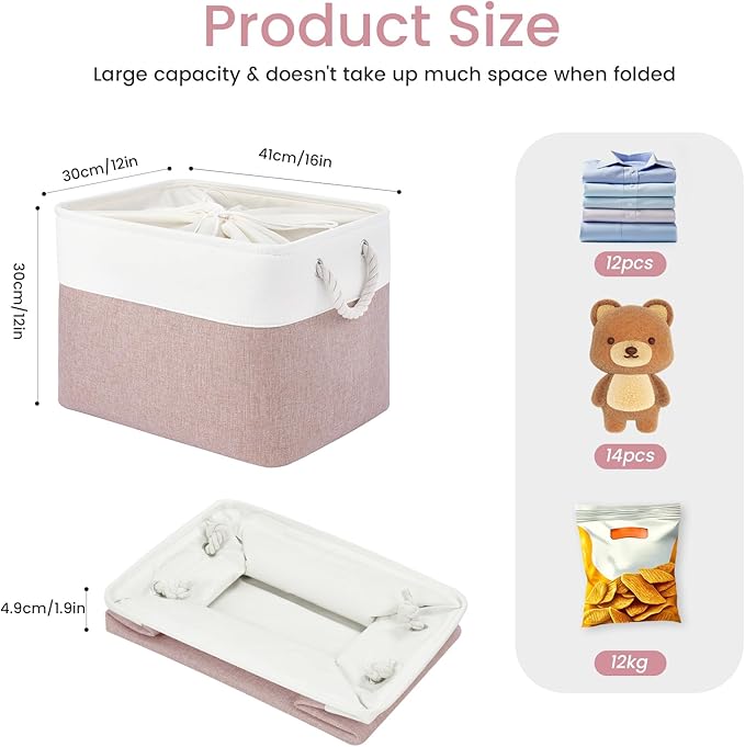 Large Storage Baskets- 16x12x12 inch Storage Bins for Shelves and Closet Organizing, Foldable Fabric Bin for Home Organization Clothes and Laundry (1-Pack, White&Pink)