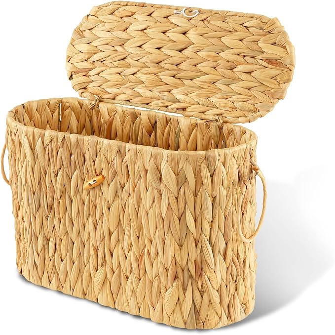 Toilet Paper Storage Basket, Water Hyacinth Toilet Paper Holder with Lid, Wicker Storage Basket with Built-in Handles for up to 6 Mega Rolls, Wicker Baskets Bathroom Accessories Organizer