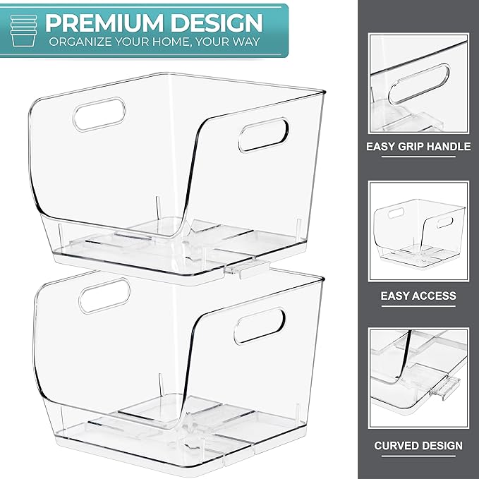 Sorbus Stackable Storage Bins Open Front, Clear Stackable Storage Bins, Pantry Bins for Storage and Organization, Acrylic Stackable Bins for Kitchen, Clear Pantry Organizer Bins (Medium Sqware 4 Pack)