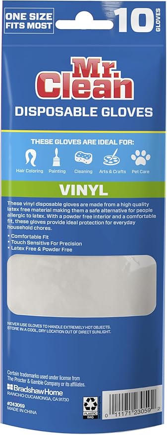 Mr. Clean Vinyl Gloves Disposable Single Use Latex Powder & BPA-Free with Beaded Cuff Construction Touch Sensitivity & Dexterity for Flexible Fit One Size Fits Most, 10-Count