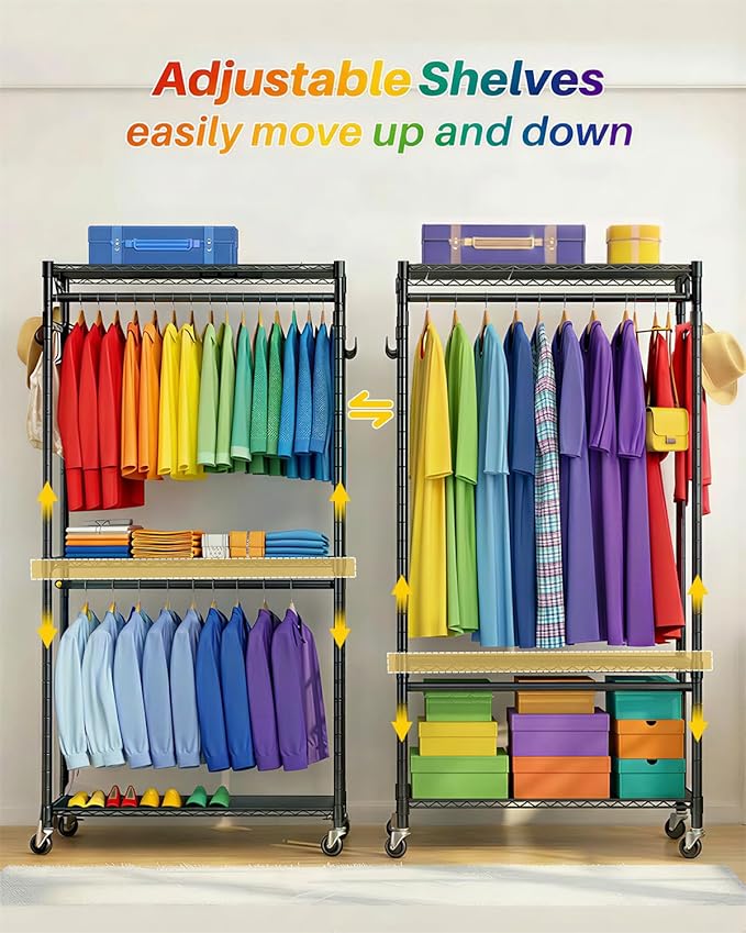 Heavy Duty Clothes Rack, Sturdy Carbon Steel Rolling Garment Rack with Lockable Wheels, Adjustable Shelves & Hooks, Free Standing Clothing Racks for Hanging Clothes, Closet System Max Load 655 LBS