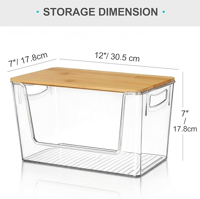 Pantry Organizers Storage, 2 Pack Large Capacity Clear Storage Bins with Bamboo Lids for Onion, Potato, Garlic, Canned Food, Under Sink Organizer Kitchen Countertop Organizer