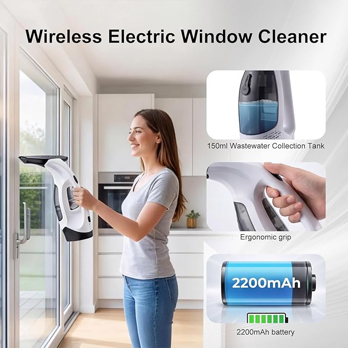 Electric Window Vacuum Squeegee Cordless, 2000Pa Electric Window Cleaner Tool Set, Rechargeable Window Vac, Window Squeegee Electric Cleaning Tool for Windows, Tiles, Mirrors, Car