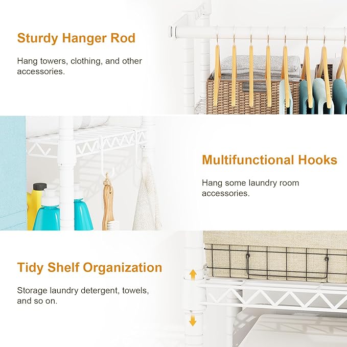 ULIFHOME U14 Medium Over the Washer and Dryer Shelves, 4 Tiers Laundry Room Storage and Organizer System, Space Saving Clothes Drying Rack with 2 Clothes Hanger Rods, 57.8"W x 20.5"D x 77.4"H, White