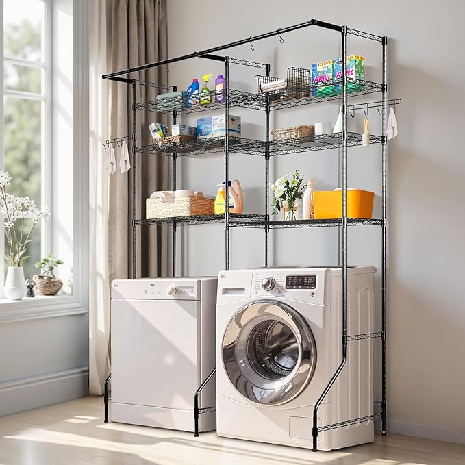 VEVOR Over Washer and Dryer Storage Shelves, 6 Tiers Laundry Room Drying Rack with Hanger Rod and Hooks, Two Rows Adjustable Washer Shelves Space Saver, for Laundry Room Storage & Organization, Black