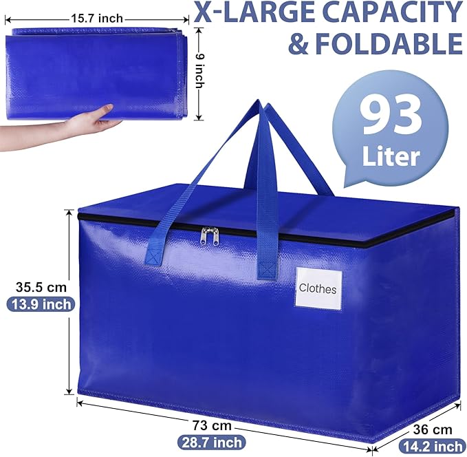 StorageRight Heavy Duty Moving Boxes-Moving Bags with Zipper, Reinforced Handles and Tag Pocket-Collapsible Moving Supplies-Totes for Storage Great for moving, Storage and Travel 93L(Blue-10 Pack)