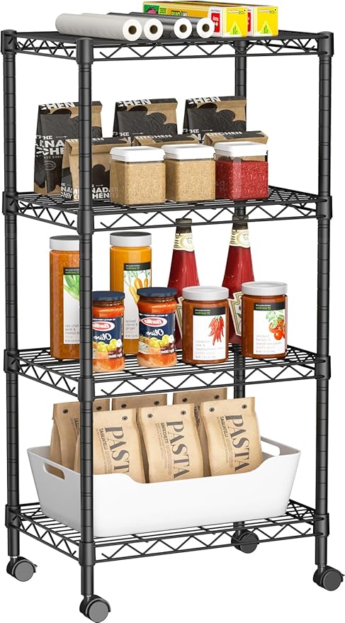 Golpart Small 4 Tier Shelves Storage Wire Shelving Unit Metal Shelf Adjustable Organizers Storage Shelving with Wheels for Bathroom Laundry Room Kitchen Pantry12”D x 18”W x 44.8”H Black