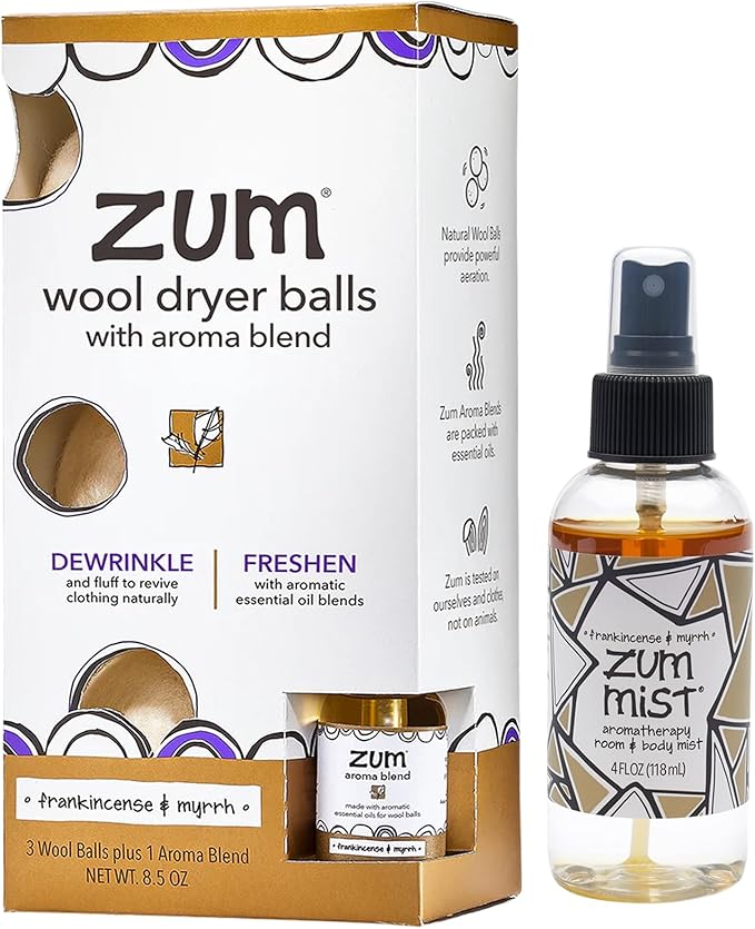 Zum Wool Dryer Balls Kit Plus Zum Mist - 3 Wool Balls with Essential Oil Blend & Room & Body Mist - Frankincense & Myrrh