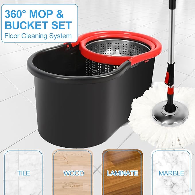 Spin Mop and Bucket with Wringer Set, 3 Washable Microfiber Pads Included for Floor Cleaning, Adjustable Stainless Steel Handle (XS-Black)