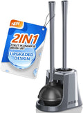 Toilet Plunger and Brush with Holder, Bowl Brush and Heavy Duty Toilet Plunger Set with Ventilated Holder, 2-in-1 Toilet Brush and Plunger Combo for 5.3-inch Toilet Drain New Pack (Grey, 1)