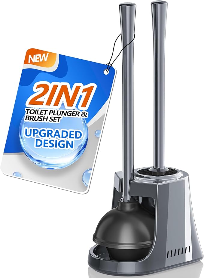 Toilet Plunger and Brush with Holder, Bowl Brush and Heavy Duty Toilet Plunger Set with Ventilated Holder, 2-in-1 Toilet Brush and Plunger Combo for 5.3-inch Toilet Drain New Pack (Grey, 1)