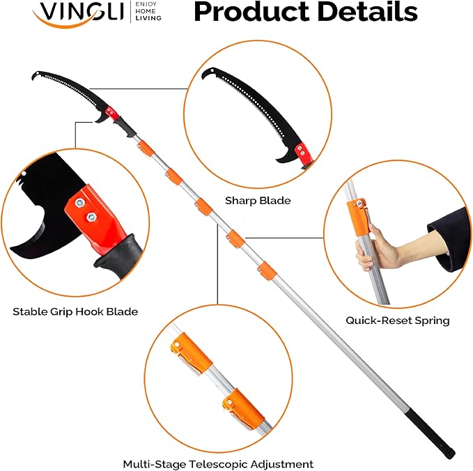 VINGLI 26ft Manual Extendable Tree Pruner Pole Saw, Long Tree Trimmer with Sharp Steel Blade, Aluminum Tree Cutter with 5-section for Pruning Palms and Shrubs