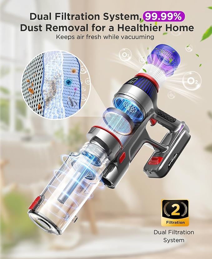 Cuzmok Cordless Stick Vacuum Cleaner for Home: Power Suction Vacuum Tangle-Free Lightweight Design & 2600mAh Detachable Battery Up to 50mins Runtime for Pet Hair Carpet Hardwood Floor