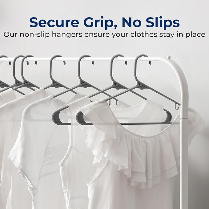SereneLife Plastic Hangers 100 Pack - Space Saving Clothes Hanger - Durable & Strong Closet Organizers and Storage with Built-in Strap Hooks - Essential for Shirts, Pants, Skirts & Coats (Gray)