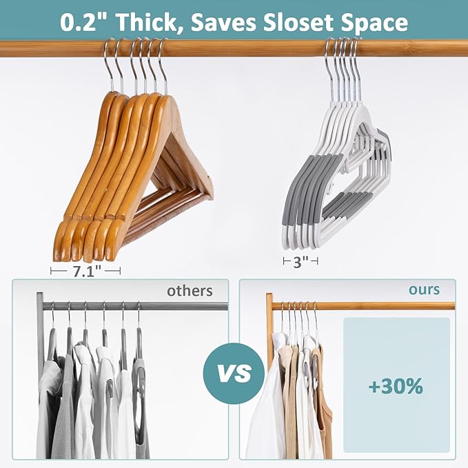 Tonswachic 50-Pack Coat Hangers, Space Saving Plastic Clothes Hangers, Non-Slip, 0.2 Inches Slim, 16.53 Inches Wide, 360° Swivel Silver Hook for Shirts, Pants & Wet/Dry Garments, White and Dark Gray