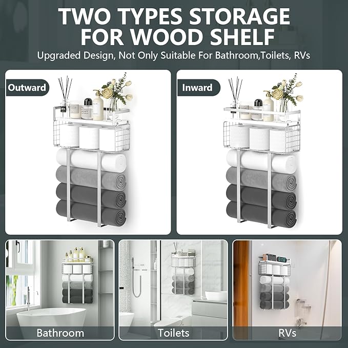 Towel Racks for Bathroom, Bathroom Shelf Over Toilet,Floating Shelves with Towel Rack Paper Holder Storage Basket,Floating Shelves for Wall Decor,Silver