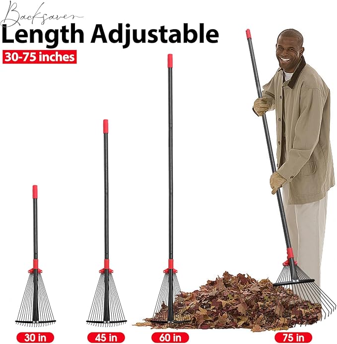 Adjustable Garden Leaf Rake for Lawns - Heavy Duty Metal With 18 Clog-Free Tines, 9"-17" Collapsible Head, 75 in Long Handle - Yard Tools for Gardening, Camping, Fast Cleanup