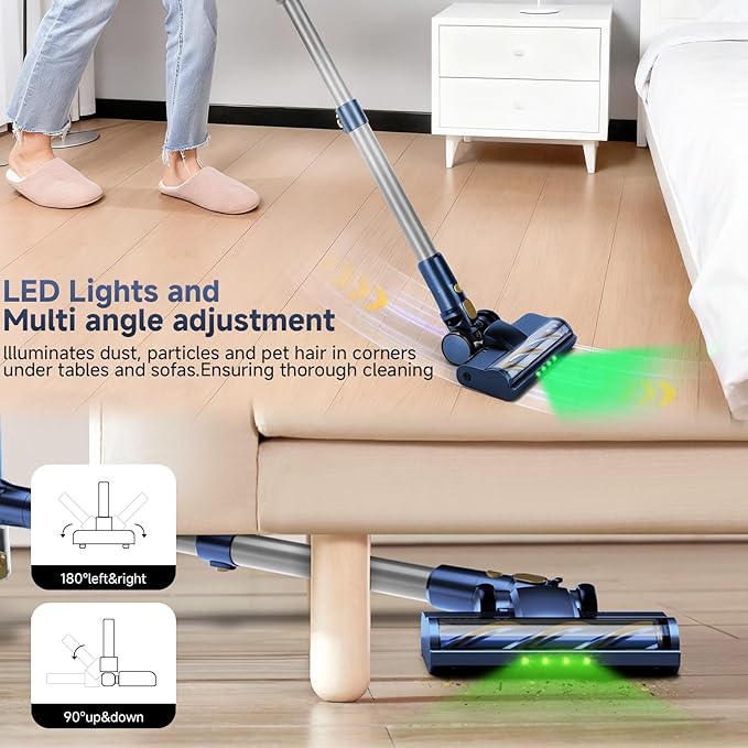 Shieal Cordless Stick Vacuum Cleaner - 45KPA Powerful Suction Vacuum with 45 Min Runtime, Detachable Battery, Anti-Tangle & 1.5L Dust Cup, 8 in 1 Vacuum Cleaner for Pet Hair, Carpet, HardFloor, Blue