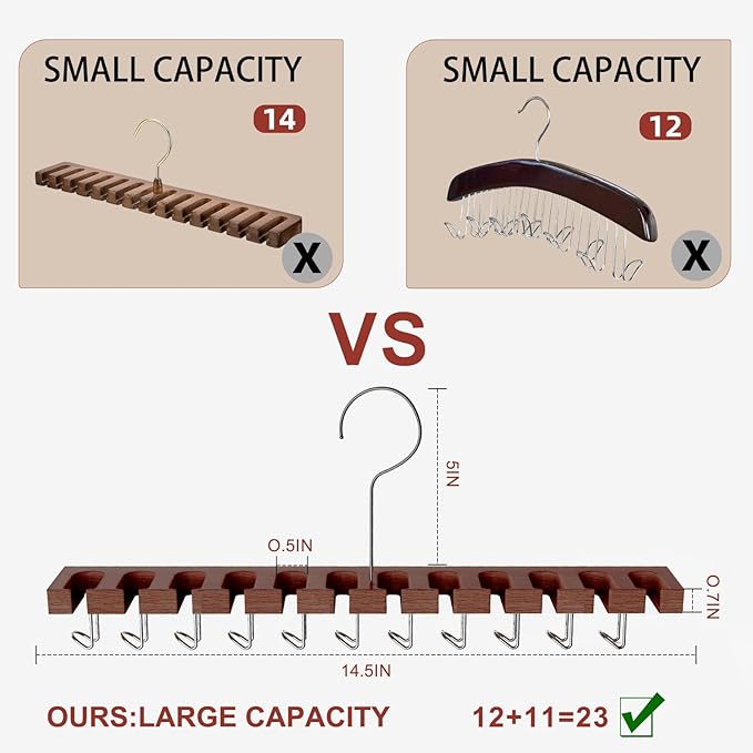 Cuipingoo Belt Hanger for Closet Max 42 Belts, 2-in-1 Wall Mount Belt Organizer with 360° Rotating Hooks, Wooden Tie and Belt Rack for Closet Accessories Organizers and Storage, Walnut Wood