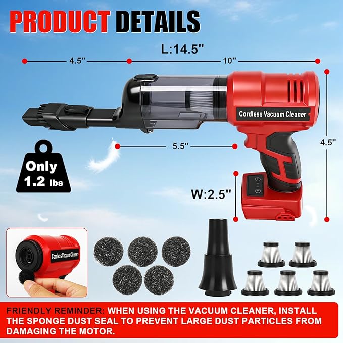 Cordless Vacuum Cleaner for Milwaukee M18 Battery, 105AW Brushless Handheld Vacuum with 3-Speed Control, LED Light, 4 Nozzles & 5 Filters, Portable Vacuum for Car Floor Home (No Battery)