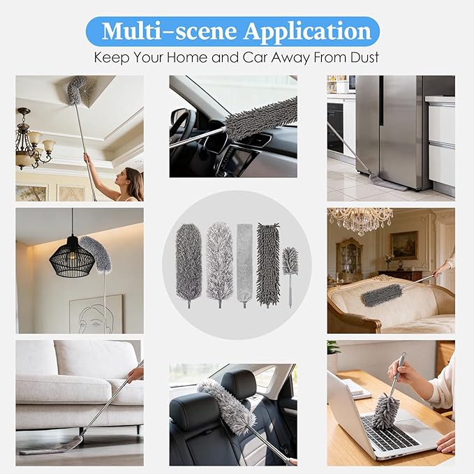 Microfiber Feather Duster Kit with Extension Pole, 7 PCS Washable Reusable Duster for Cleaning, 100'' Bendable Extendable Long Duster with Stainless Steel Pole for High Ceilings, Fans, Furniture & Car
