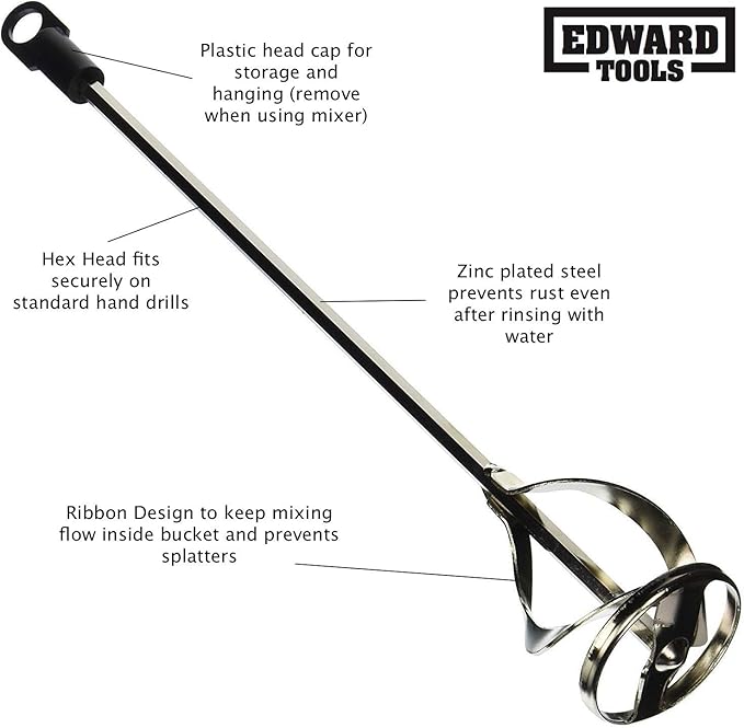 Edward Tools Paint and Mud Mixer for Drill - Mixes 1 to 3 Gallons - 15 3/4" Length - 5/16" Hex Shaft - Zinc Plated Steel - Reinforced Weld - Non Slip Hex Head - Easy Clean - Paint Mixer Attachment