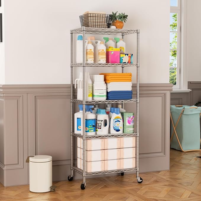 SINGAYE 5 Shelf Storage Wire Shelves Closet Bathroom Organizers Metal Pantry Kitchen Garage Shelving Unit Laundry Room Organization Home Narrow Rack Net Basket with Wheels Silver