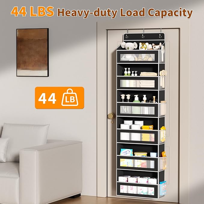 Over The Door Organizer with 6 Large Pockets, Over the Door Storage 12 Side Pockets, Hanging Door Organzier 44 lb Load Behind Door Storage Hanging Shelf for Closet Wall Bathroom Nursery, 6-Tier Black