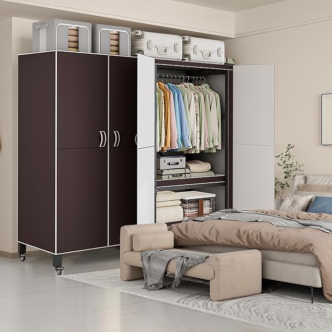 Heavy Duty Covered Clothes Rack with Magnetic Door Foldable Portable Wardrobe Closet for Hanging Clothing Rolling Black Metal Garment Rack on Wheels Closet System (Brown, 74.7in)