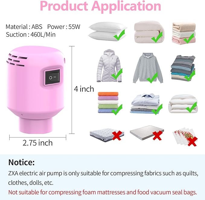 Electric Pump for Vacuum Storage Bags, 55W 5000PA Portable Travel Vacuum Pump for Storage Bags, Pink