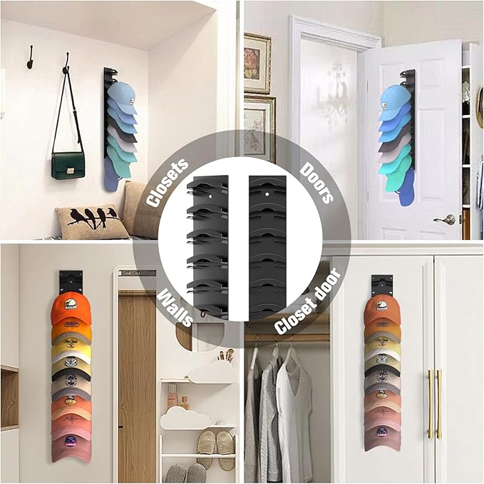 Hat Organizer for Baseball Caps 4Pack, Hat Rack for Wall with Strong Adhesive Hold up to 40 Hats, Hat Hanger Holder Display for Door Closet, Cap Organizer Storage Multilayer Two Mounting Option(Black)