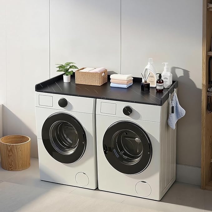 VEVOR Washer Dryer Countertop with 3 Splicing Panels, 54" x 27" Wooden Washer and Dryer Countertop with 2 Hooks, Water-Resistant Laundry Topper for Laundry Room Organization and Storage, Black Marble