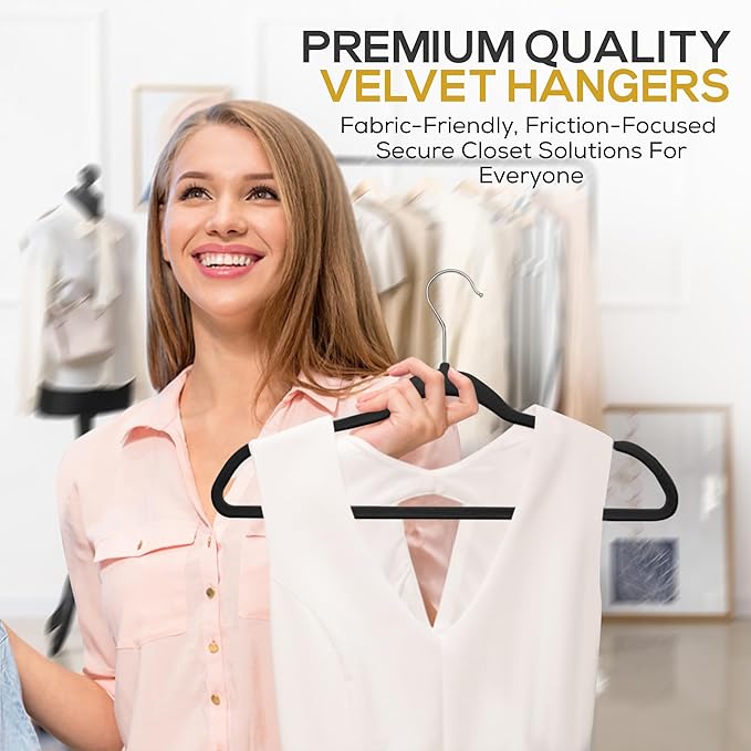 Techzoo 50 Pack New Premium Quality Velvet Hangers Ultra Thin Non Slip Adult Felt Space Saving Hangers for Closet Heavy Duty Coat Pants Jackets Dress Hangers 360° Swivel Hook Hold Upto 10 lbs Black