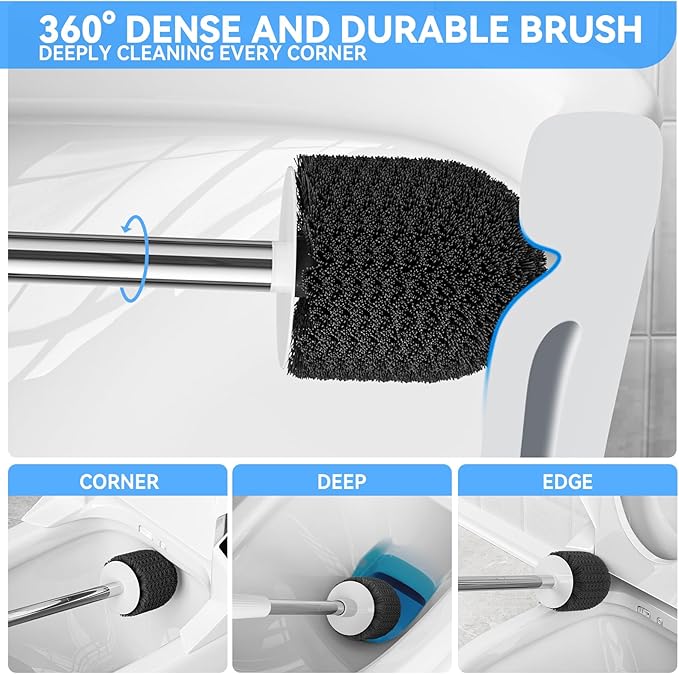 Toilet Brush, 2 PCS Toilet Brush and Holder with 304 Stainless Steel Handle, Space Saving Toilet Bowl Brush for Storage, Durable Bristles Toilet Scrubber for Bathroom Cleaning