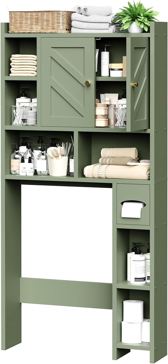Meilocar Over The Toilet Storage Cabinet, 64.6" Tall Bathroom Organizer Space Saver with Toilet Paper Holder & Adjustable Shelf, Freestanding Wood Cabinet for Small Space, Green